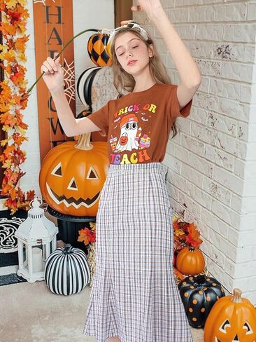 Teacher Halloween Shirts for Women: Halloween Trick or Teach Tshirt Cute Ghost Teacher Short Sleeve Tee Tops in Saudi Arabia