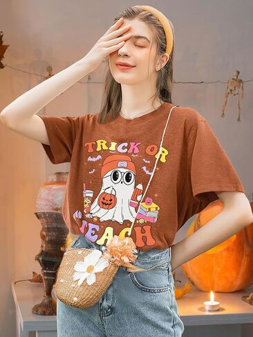 Teacher Halloween Shirts for Women: Halloween Trick or Teach Tshirt Cute Ghost Teacher Short Sleeve Tee Tops in Saudi Arabia