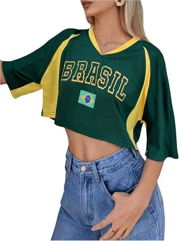 SHENHE Women's Y2k Soccer Jersey Top Brazil Crop Top Short Sleeve Graphic Loose Jersey Shirt in Saudi Arabia