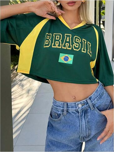 SHENHE Women's Y2k Soccer Jersey Top Brazil Crop Top Short Sleeve Graphic Loose Jersey Shirt in Saudi Arabia