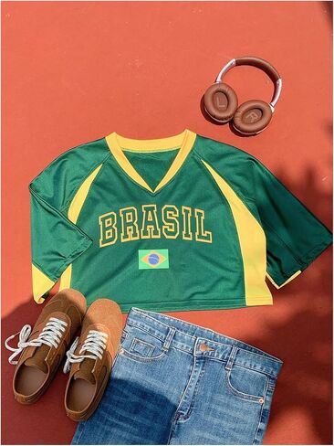 SHENHE Women's Y2k Soccer Jersey Top Brazil Crop Top Short Sleeve Graphic Loose Jersey Shirt in Saudi Arabia