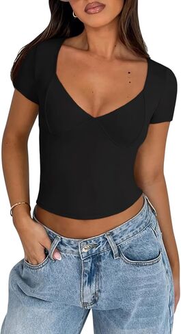Reoria Women's Sexy v Neck Short Sleeve T-Shirt كوب مزدوج المبطن. in Saudi Arabia
