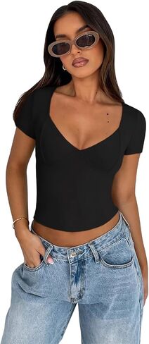 Reoria Women's Sexy v Neck Short Sleeve T-Shirt كوب مزدوج المبطن. in Saudi Arabia