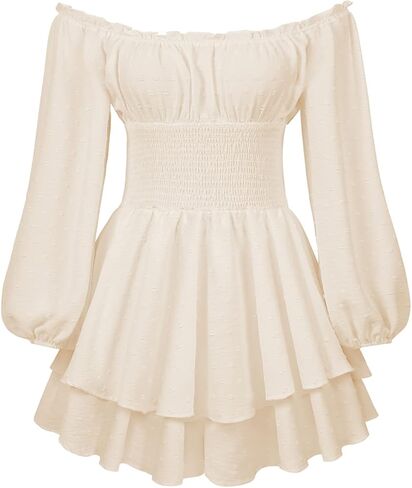 Aopwsrlyi Women's Off Shoulder Ruffle Dress Puff Long Sleeve White Romper Dress Flowy Layered A-Line Puffy Mini Dress in Kuwait