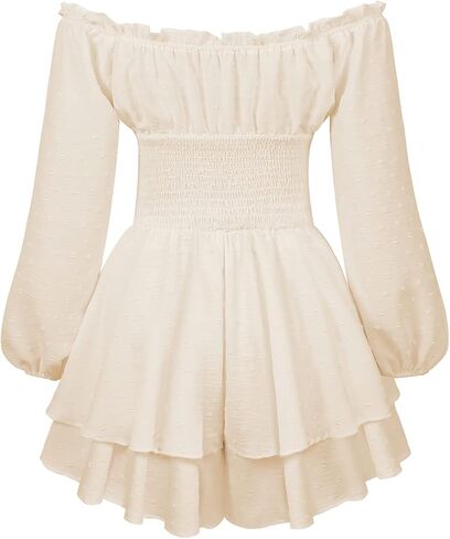 Aopwsrlyi Women's Off Shoulder Ruffle Dress Puff Long Sleeve White Romper Dress Flowy Layered A-Line Puffy Mini Dress in Kuwait