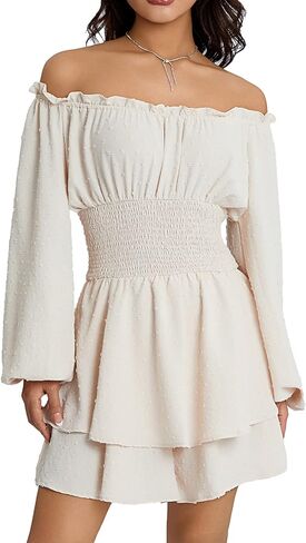 Aopwsrlyi Women's Off Shoulder Ruffle Dress Puff Long Sleeve White Romper Dress Flowy Layered A-Line Puffy Mini Dress in Kuwait