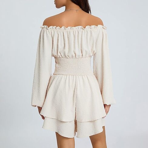 Aopwsrlyi Women's Off Shoulder Ruffle Dress Puff Long Sleeve White Romper Dress Flowy Layered A-Line Puffy Mini Dress in Kuwait