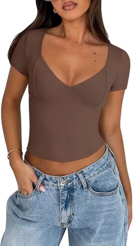 Reoria Women's Sexy v Neck Short Sleeve T-Shirt كوب مزدوج المبطن. in Kuwait