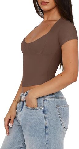 Reoria Women's Sexy v Neck Short Sleeve T-Shirt كوب مزدوج المبطن. in Kuwait