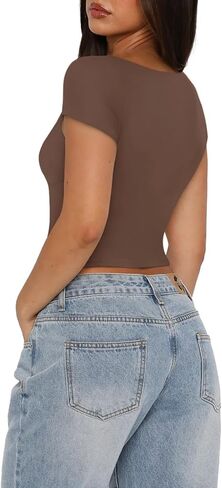 Reoria Women's Sexy v Neck Short Sleeve T-Shirt كوب مزدوج المبطن. in Kuwait