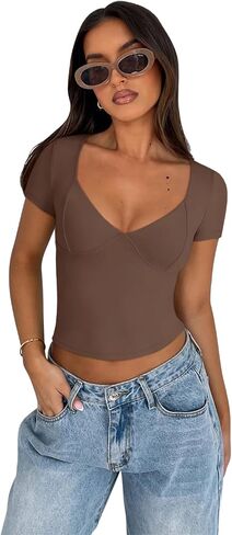 Reoria Women's Sexy v Neck Short Sleeve T-Shirt كوب مزدوج المبطن. in Kuwait