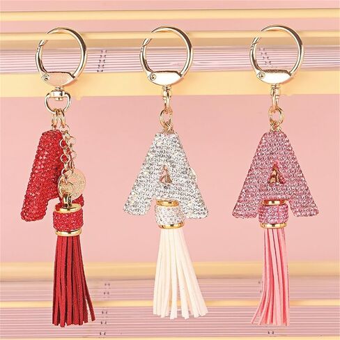 Cute Rhinestone Initial Letter Keychains for Women With Tassel,Crystal Bling Bag Charm Pandent for Women in Saudi Arabia
