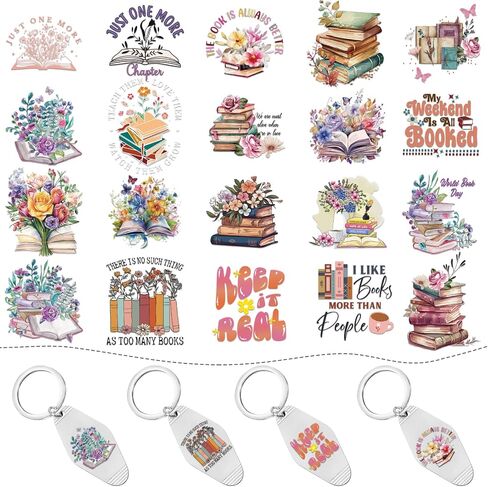 Keychain UV DTF Wraps Stickers - 8 Sheets Vintage Books Flower Uvdtf Decals for Motel Keychains Decor, Inspirational Quotes Waterproof Transfer Sticker DIY Blank Keychain Decoration Gift for Women in Saudi Arabia