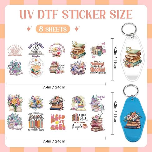 Keychain UV DTF Wraps Stickers - 8 Sheets Vintage Books Flower Uvdtf Decals for Motel Keychains Decor, Inspirational Quotes Waterproof Transfer Sticker DIY Blank Keychain Decoration Gift for Women in Saudi Arabia