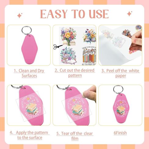 Keychain UV DTF Wraps Stickers - 8 Sheets Vintage Books Flower Uvdtf Decals for Motel Keychains Decor, Inspirational Quotes Waterproof Transfer Sticker DIY Blank Keychain Decoration Gift for Women in Saudi Arabia