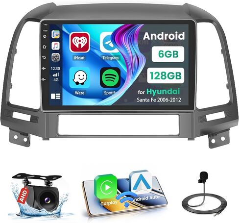 Hikity 6+128GB 8 Core for 2006-2012 Hyundai Santa Fe Upgrate Android Radio with Wireless Carplay, 9'' Touch Screen Stereo Dash Kit, Android Auto/32EQ DSP/Bluetooth 5.0/GPS/WiFi/SWC, Backup Camera in Saudi Arabia