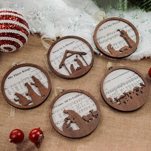 Pack of 5 Wooden Music Sheet Nativity Ornaments Bulk, Christmas Catholic Scene Ornament, Christian Keepsake, Xmas Tree Hanging Decor with Jesus Birth Yule Gift for Pastor Faith Church Members CB-11 in Kuwait