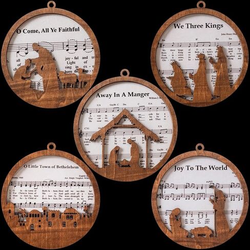 Pack of 5 Wooden Music Sheet Nativity Ornaments Bulk, Christmas Catholic Scene Ornament, Christian Keepsake, Xmas Tree Hanging Decor with Jesus Birth Yule Gift for Pastor Faith Church Members CB-11 in Kuwait