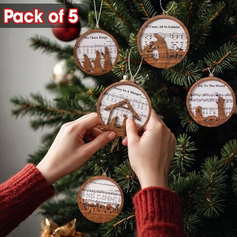 Pack of 5 Wooden Music Sheet Nativity Ornaments Bulk, Christmas Catholic Scene Ornament, Christian Keepsake, Xmas Tree Hanging Decor with Jesus Birth Yule Gift for Pastor Faith Church Members CB-11 in Kuwait