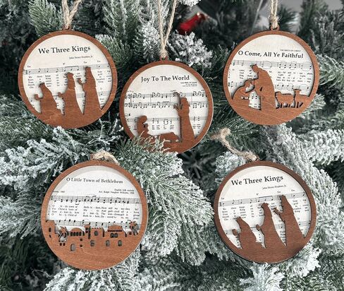 Pack of 5 Wooden Music Sheet Nativity Ornaments Bulk, Christmas Catholic Scene Ornament, Christian Keepsake, Xmas Tree Hanging Decor with Jesus Birth Yule Gift for Pastor Faith Church Members CB-11 in Kuwait
