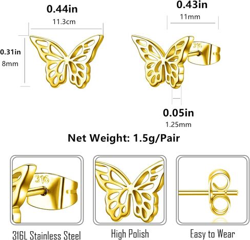 Hopply Dainty Gold Rainbow Butterfly Stud Earrings for Women Hypoallergenic 20G Surgical Stainless Steel Post Cartilage Earrings Trendy Jewelry for Sensitive Ears in Kuwait