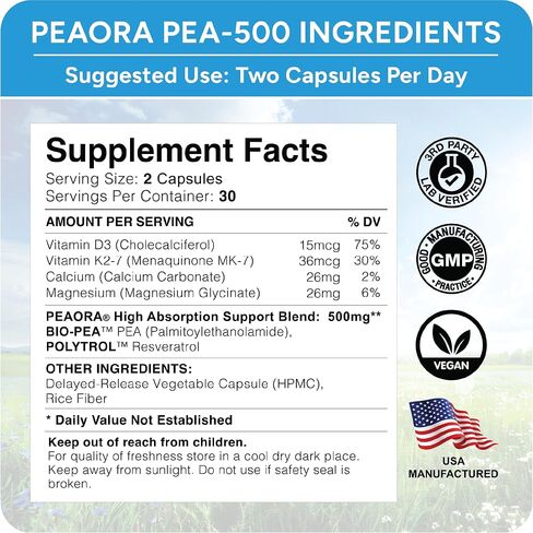 Peaora PEA -500 - دعم للمثانة ، وعدم الراحة في الحوض | للنساء والرجال | صنع في الولايات المتحدة | عالي الامتصاص بالميتويليثانولاميد وريسفيراترول in Saudi Arabia