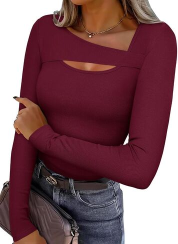 REORIA Women's Sexy Ribbed Long Sleeve Cutout Tops 2025 Fall Trendy Slim Fit Y2K Fashion Going Out T Shirts in Saudi Arabia