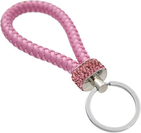 Braided Leather Car Remote Key Keychain with Synthetic Bling Crystal Diamond Circle for Girls in Saudi Arabia