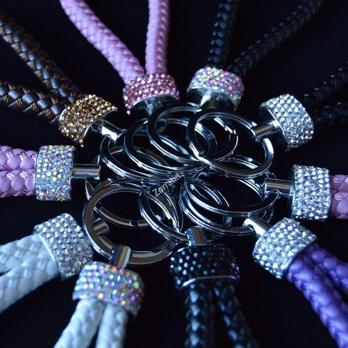 Braided Leather Car Remote Key Keychain with Synthetic Bling Crystal Diamond Circle for Girls in Saudi Arabia