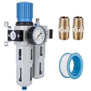 NANPU 1/4" NPT High Pressure Compressed Air Filter Regulator Lubricator Combo Water/Oil Trap Separator - Gauge(0-230 psi), Poly Bowl, Semi-Auto Drain, Bracket - 3 in 1 Two Unit