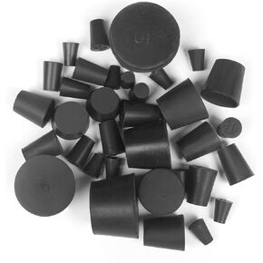 34 Pack Solid Rubber Stoppers, 13 Assorted Sizes, 000# - 10# Black Tapered Lab Bungs