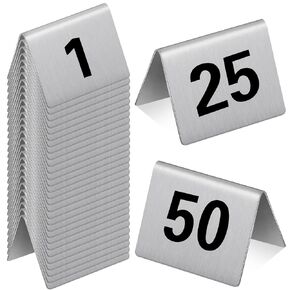 50 Pcs Stainless Steel Table Numbers Tent Style 1-50 Restaurants Table Number Card Tent Cards for Cafes Bars Party Banquets Food Service Wedding Evidence Markers Supplies, 2 x 1.6 Inches