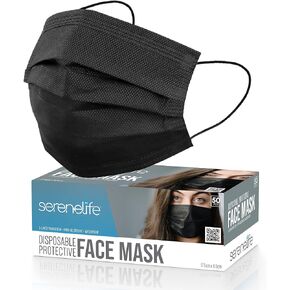SereneLife 50 Pieces Disposable Face Masks - 3 Layer Protection Breathable Face Masks, For Dust Covering, Made from Non-Woven Fabric, Easy to Use, Disposable, and Single-Use, For Adults (Black)