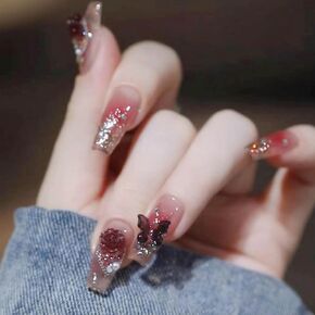 Hkanlre Bling Coffin Press on Nails Fake Nails Tips Full Cover Medium False Gradient Nails for Women and Girls 24PCS (Red Coffin)