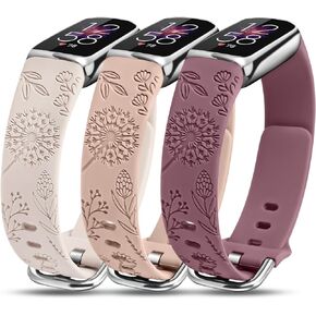 Minyee 3 Packs Compatible with Fitbit Luxe Bands for Women Soft Silicone Floral Engraved Sport Strap Dandelion Wristband Replacement for Fitbit Luxe Watch Bands/Luxe Special Edition Fitness Tracker