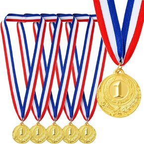 Juvale 6-Pack 1st Place Winner Gold Medals for All Ages, Participation Awards with 15.5-Inch Red, White, and Blue Ribbon for Sports, Tournaments, Competitions (Metal, 2 in)