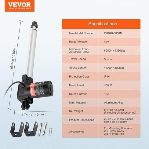 المحرك الخطي VEVOR 12 فولت، 12 بوصة للخدمة الشاقة 1320 رطل/6000 نيوتن، المحرك الخطي 0.19 بوصة/ثانية مع دعامة تثبيت وحماية IP44 للباب الكهربائي وسفن الآلات الصناعية in Kuwait