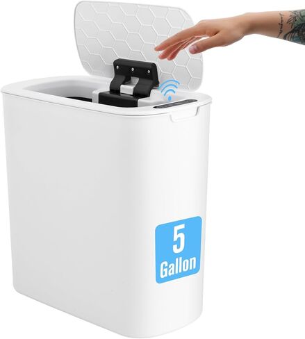 cesun 5 جالون التلقائي سلة المهملات الحمام، touchless استشعار الحركة سلة المهملات مع غطاء، سلة المهملات البلاستيكية الذكية ضئيلة للحمام، مكتب، rv، غرفة نوم، غرفة المعيشة، أبيض in Kuwait