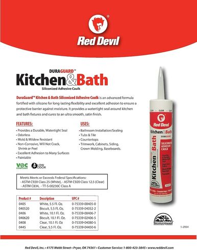 Red Devil 0405 Duraguard Kitchen & Bath مادة عازلة من الأكريليك السيليكوني، 5.5 أونصة، أبيض in Saudi Arabia