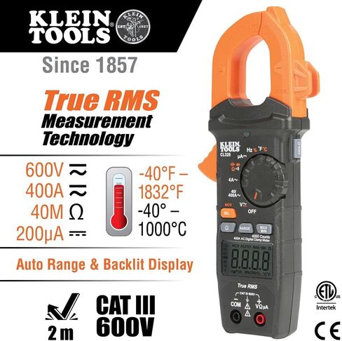 Klein Tools CL320 Digital Clamp Meter, HVAC AC Auto-ranging 400A, AC/DC Voltage, TRMS, DC Microamps, Resistance, Frequency, NCVT, Temp, More in Saudi Arabia