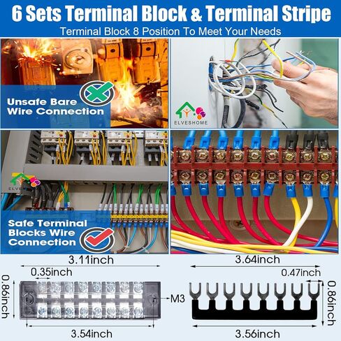 Terminal Blocks Ground Circuit 12PCS/6 Set 8+10+12 Positions 600V 15A Dual Row Bus Bar Wire Amp Mount Screw Terminal Block Kit with Cover 400V Pre Insulated Strip for DIY Small Electrical Home Project in Saudi Arabia