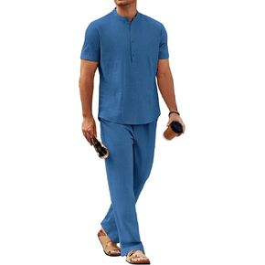 COOFANDY Mens 2 Pieces Cotton Linen Sets Short Sleeve Casual Henley Shirt Summer Beach Pants Lounge Vacation Outfits Set in Saudi Arabia