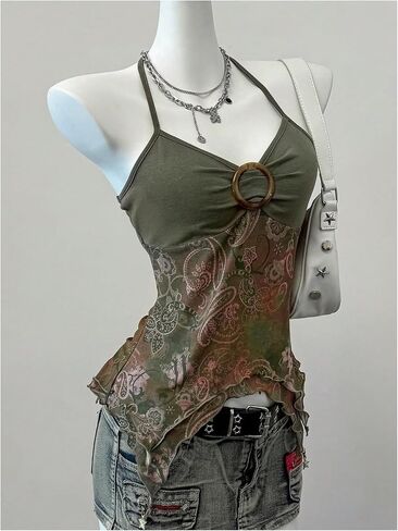 Shenhe Women's Boho Halter Crop Tops Olcyfeless Usymmetrical Sheer Cami Top Summer Dismal Camisole in Kuwait