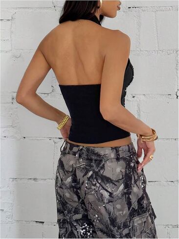 Milumia Women's Lace Up Backless Halter Top Y2K Zipper Slim Fit Out Out Crops Tops in Saudi Arabia
