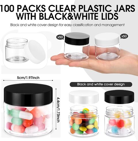 Meanplan 100 Pcs 2 oz Plastic Container Jars Clear Round Cosmetic Container with Lids, Plastic Jars with Screw Lids for Travel Storage, Kitchen Use, DIY Crafts(Black, White,PP) in Saudi Arabia