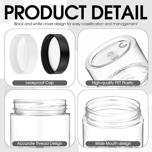 Meanplan 100 Pcs 2 oz Plastic Container Jars Clear Round Cosmetic Container with Lids, Plastic Jars with Screw Lids for Travel Storage, Kitchen Use, DIY Crafts(Black, White,PP) in Saudi Arabia