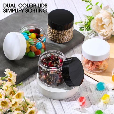 Meanplan 100 Pcs 2 oz Plastic Container Jars Clear Round Cosmetic Container with Lids, Plastic Jars with Screw Lids for Travel Storage, Kitchen Use, DIY Crafts(Black, White,PP) in Saudi Arabia