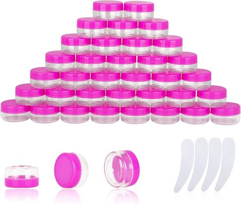 25PCS 10 Gram Sample Containers, 10ml Empty Jars with Lids, Small Cosmetic Containers, Mini Sample Jars with 2PCS Mini Spatulas for Make Up, Oils, Lotion, Powder, Paint, Jewelry, Lip Balms(Black Lid) in Kuwait