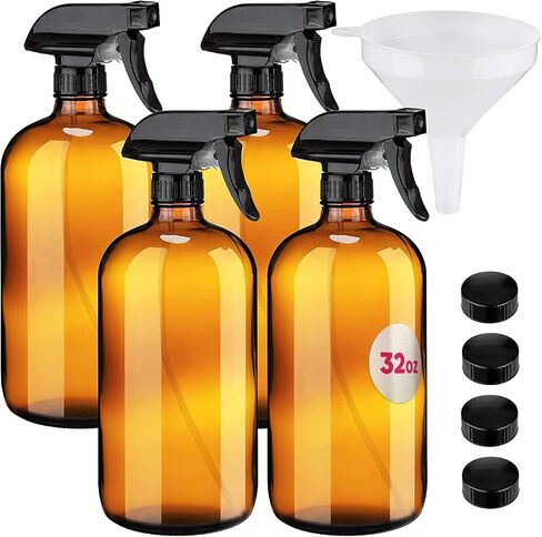 Large 32oz Amber Glass Spray Bottles with Funnel - Refillable Trigger Sprayer Containers for Oils, Cleaning Products, Plant Misting, Cooking, Hair, and Beauty. Includes 4 Bottles and 1 Funnel. in Saudi Arabia