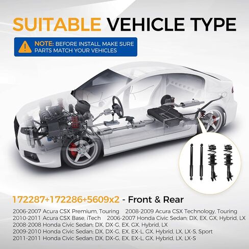 Strutber Stricber Strutber من أجل 2006-2011 Acura CSX ، 2006-2011 Honda Civic W/Coil Spring Assembly Front & Great Resident and Right 172287 172286 5609 (مجموعة من 4) in Saudi Arabia